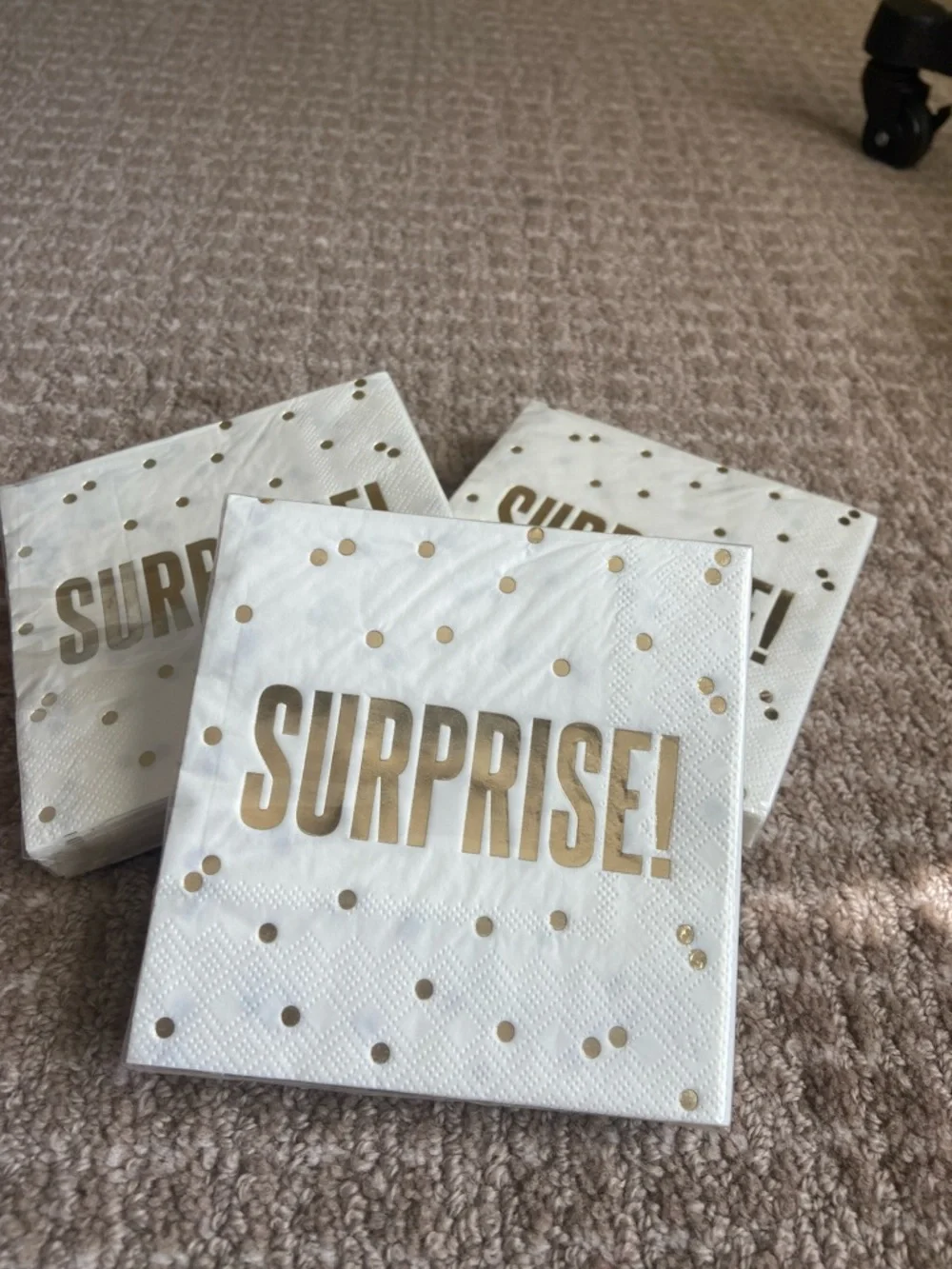 Bundle of 3 Gold 'SURPRISE!' Party Napkins - White‎ & Gold - Party Supplies
